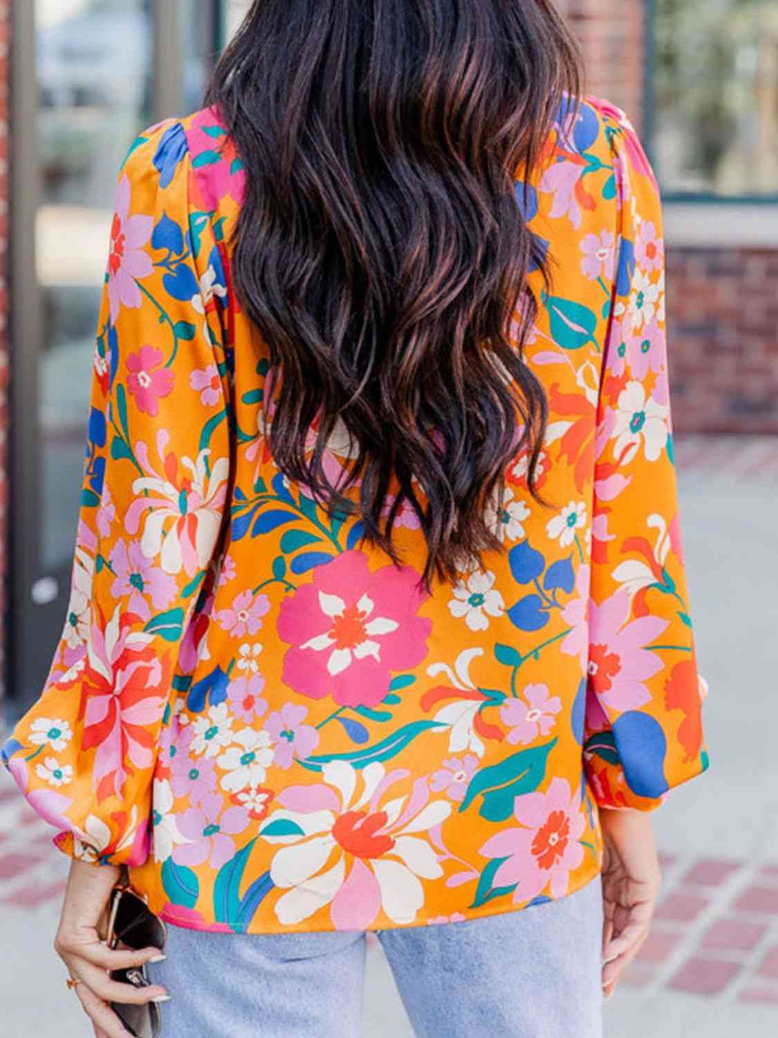 Floral Print Collared Neck Lantern Sleeve Shirt